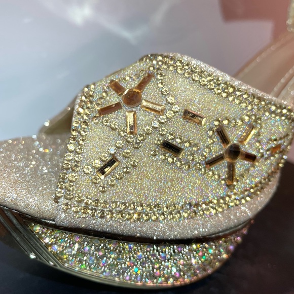 Gold Glitter Bronze Rhinestone Open Mary Jane Heel Pump - Picture 5 of 5